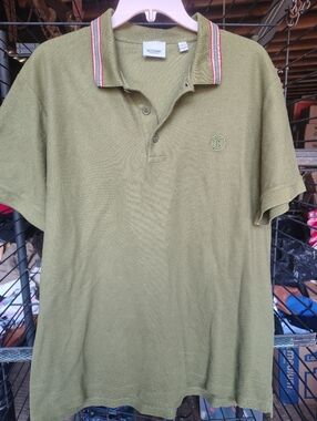 Burberry Olive Green Short Sleeve Polo with Striped Collar